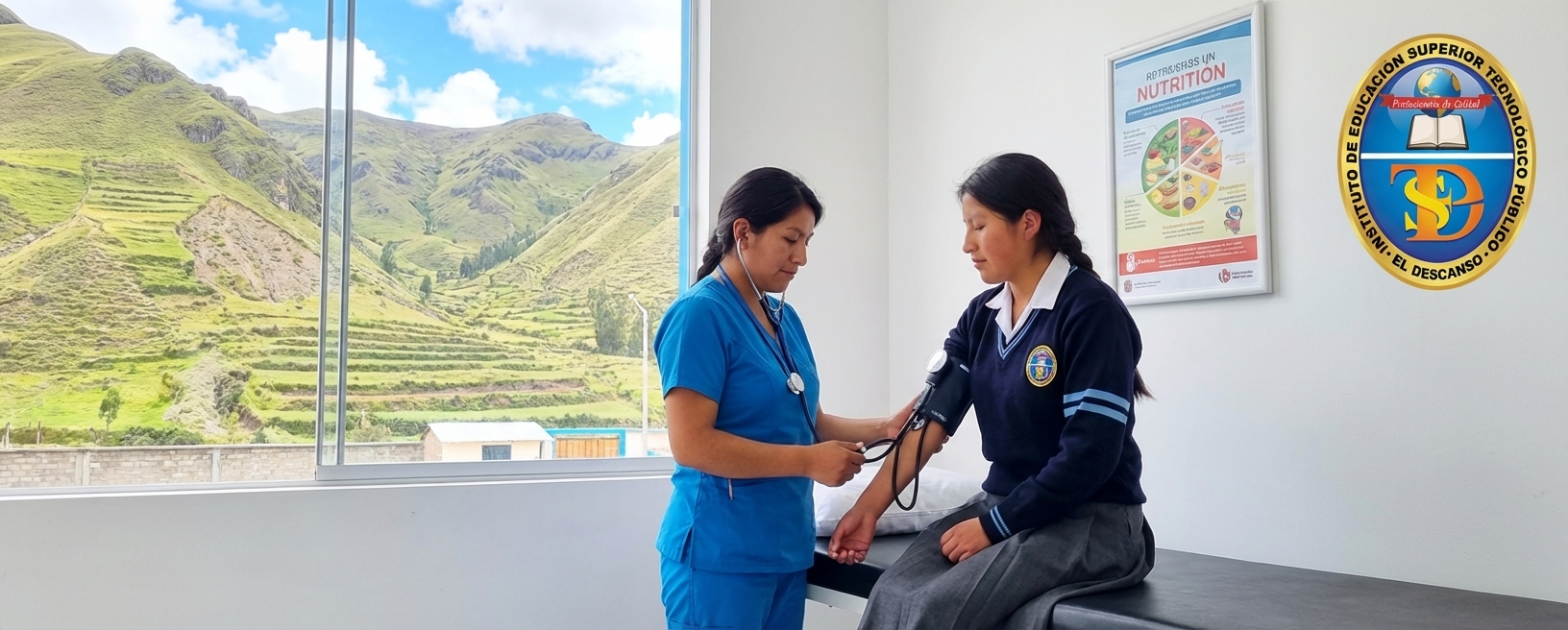 Licenciada en enfermería atendiendo a un estudiante en el tópico