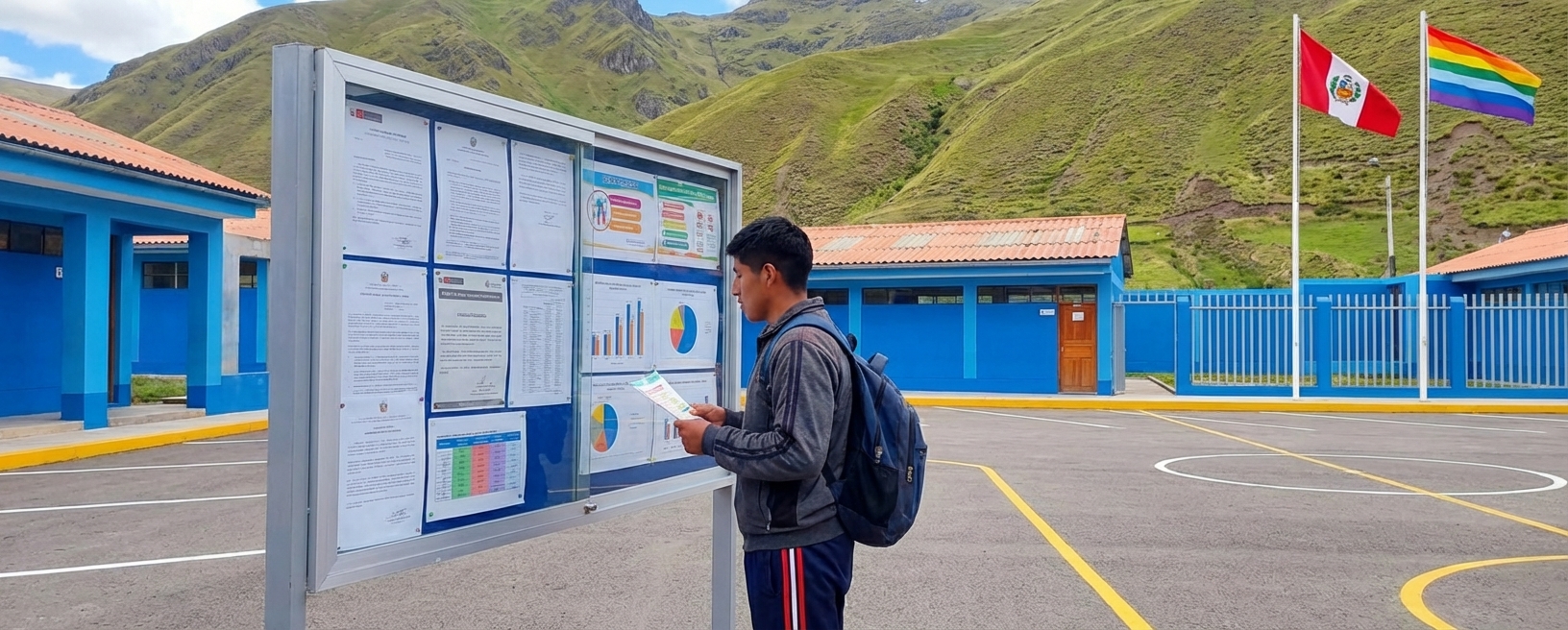Estudiante consultando panel de transparencia en el campus